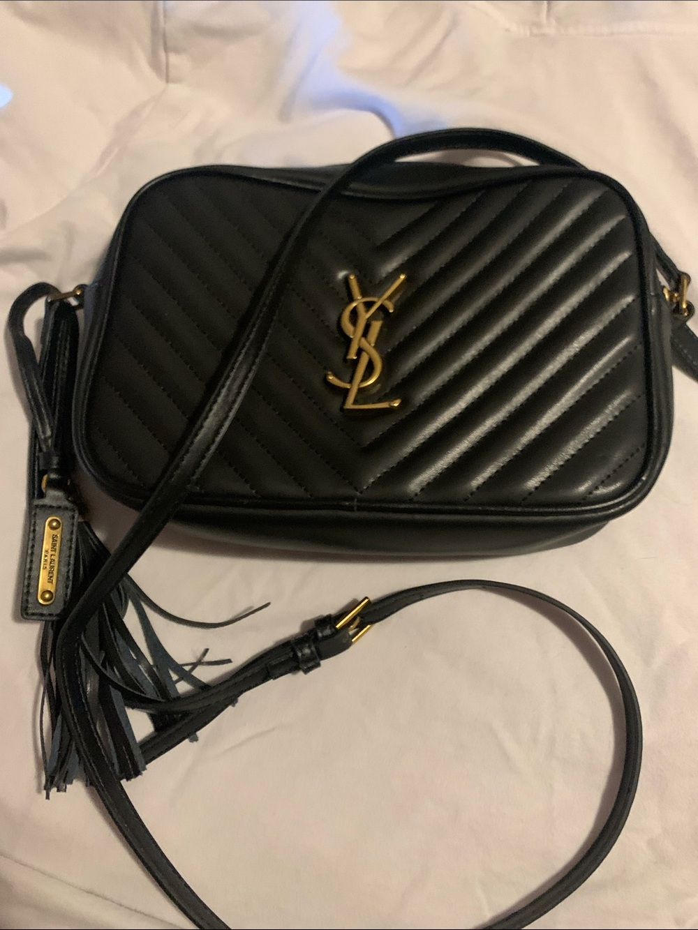 Yves Saint Laurent Black Quilted Shoulder Camera Bag with Gold YSL Emblem